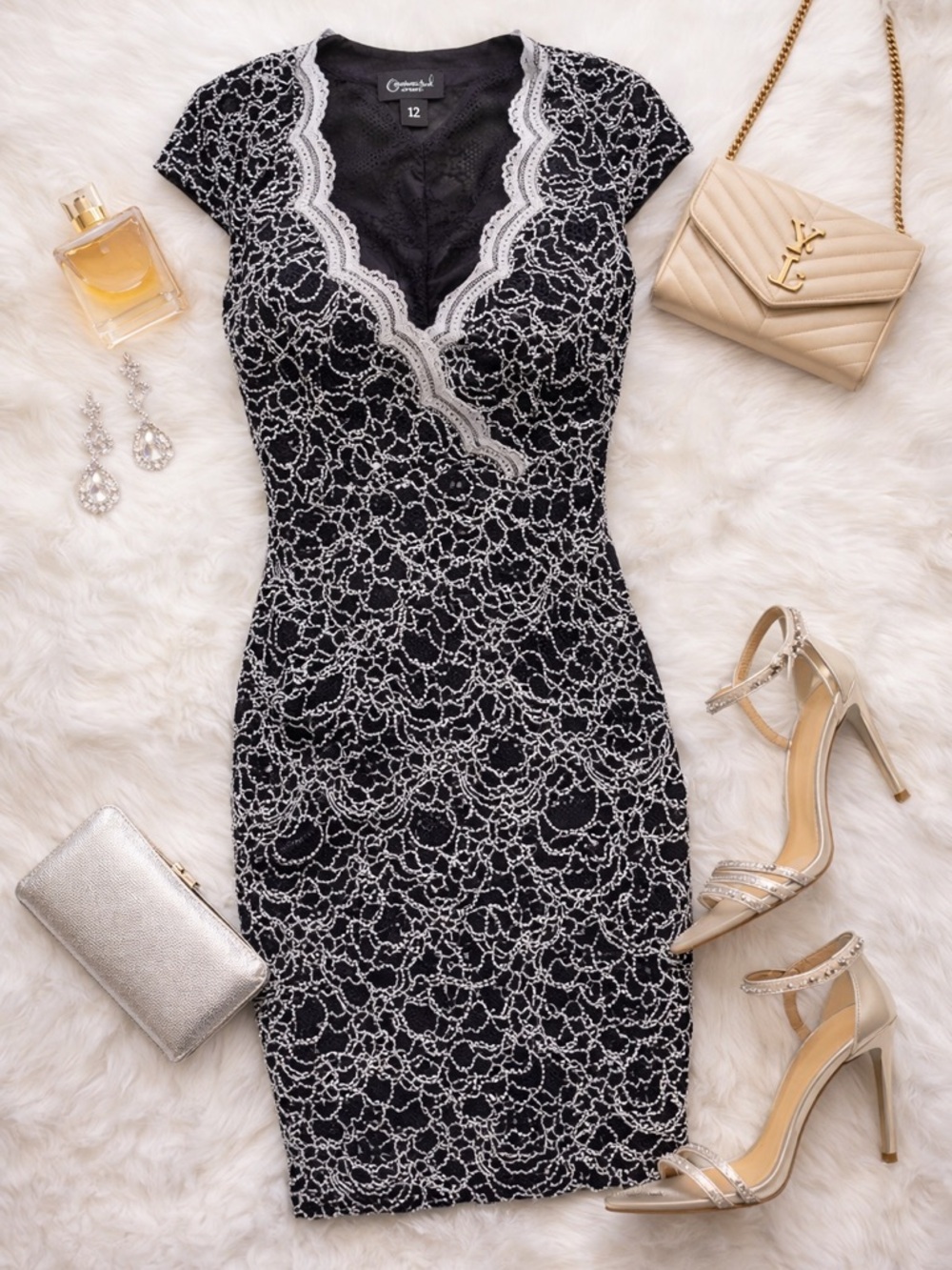 Connected Apparel Black & White Lace Cocktail Dress – Size 12